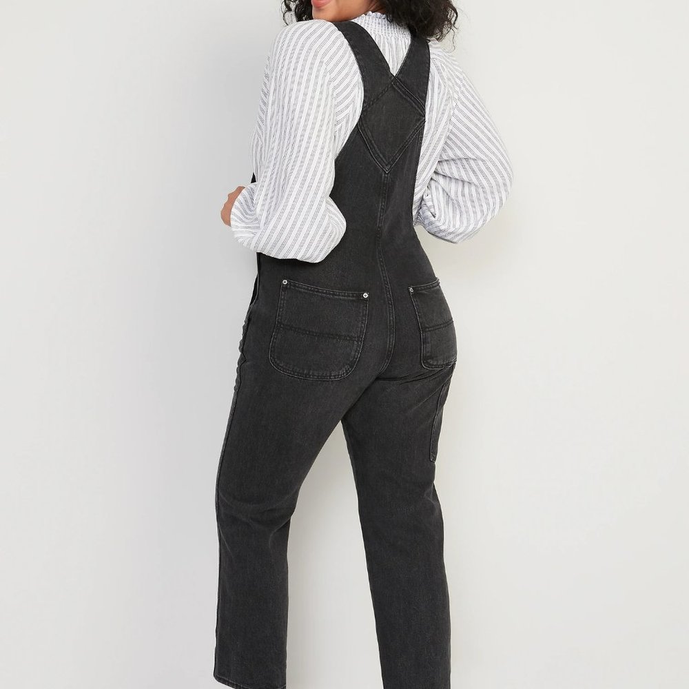 Slouchy Straight Black-Wash Workwear Non-Stretch Jean Overalls